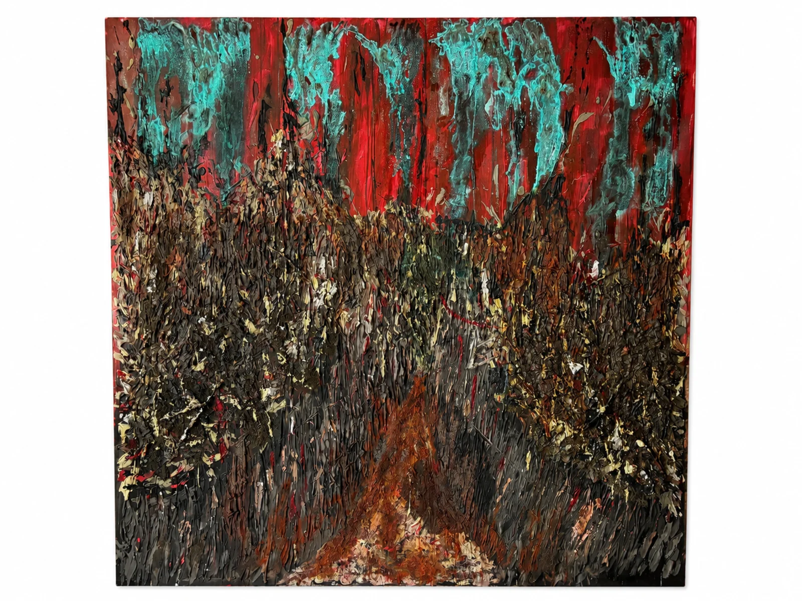 Bahno moci — mixed media obraz o velké válce, bahno, krev a měděná patina