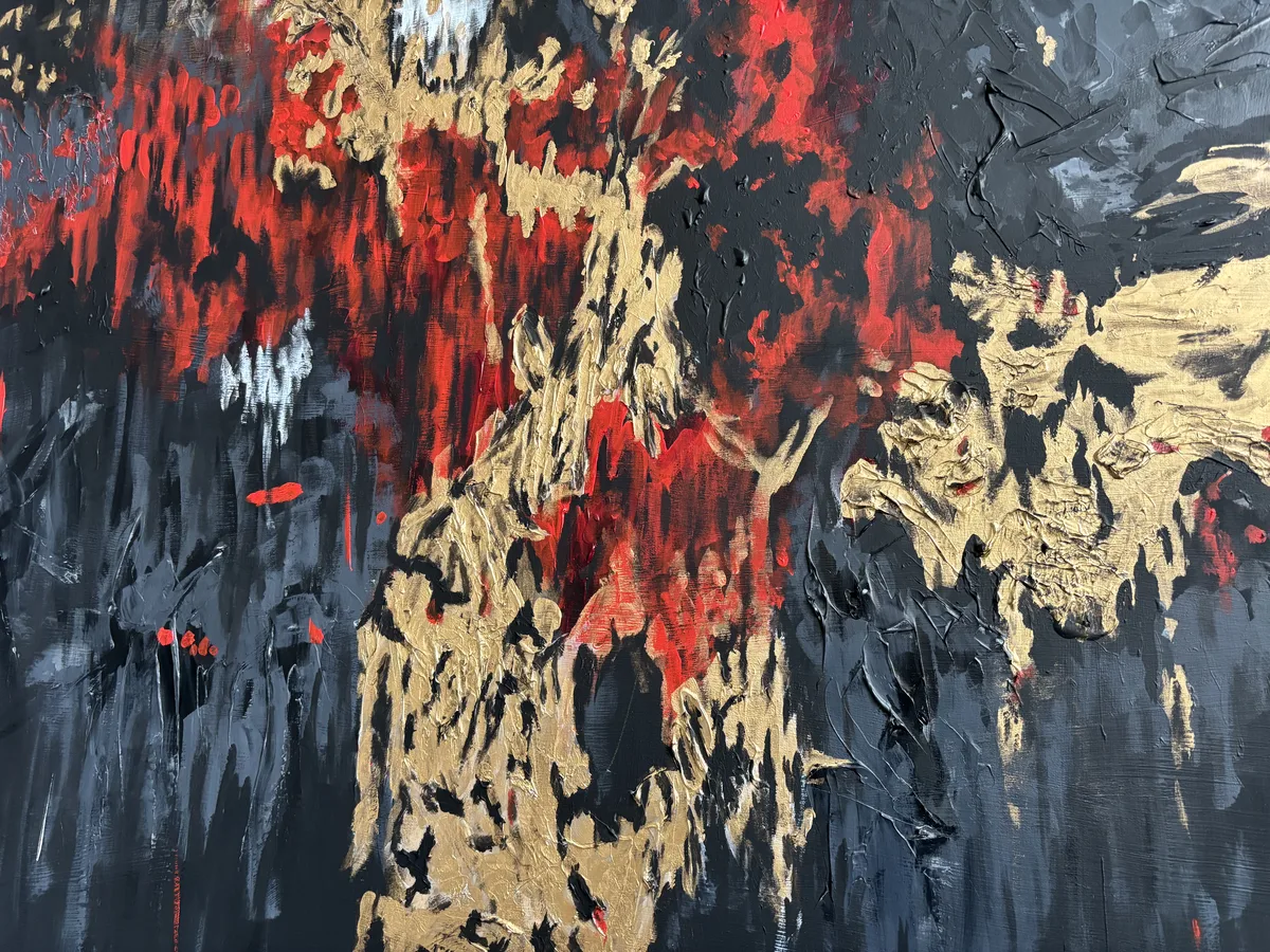 Bleeding Gold detail — originální obraz, textura impasto zblízka