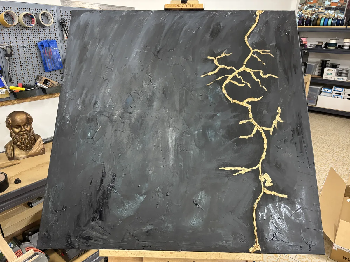 Obraz na zakázku Golden Ecstasy — krok 1: tmavý základ a zlatá impasto linie