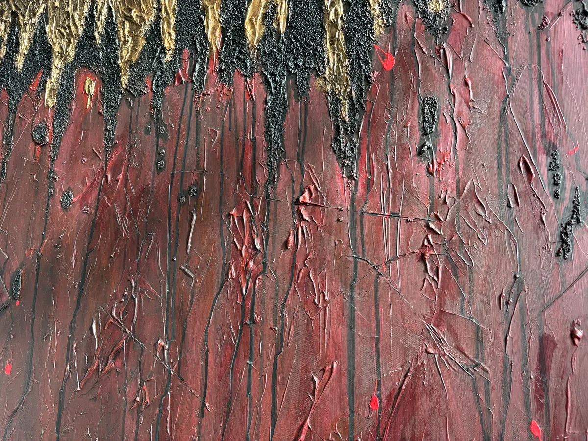 Hory Mrtvol detail — originální obraz, rudá textura a impasto