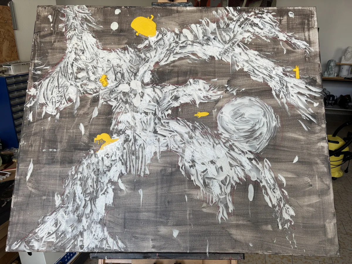 Obraz na míru — Propojení I, přidané 3D tištěné objekty z Filipových kreseb