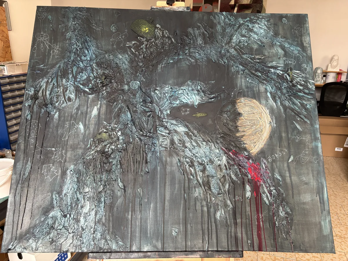 Obraz na míru — Propojení I, bronzový půlměsíc a stékající rudá