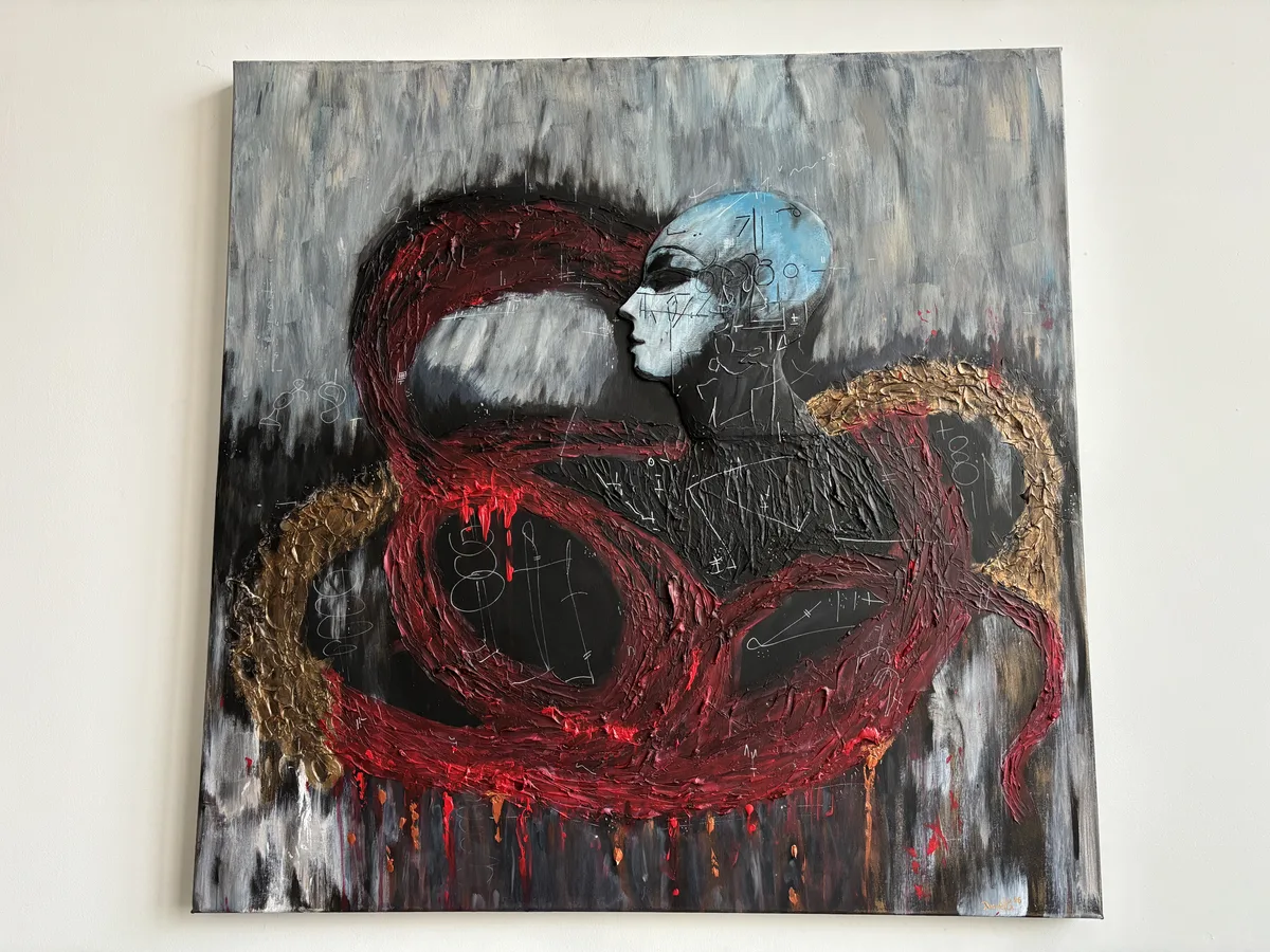 Uroboros — originální obraz na zakázku, mixed media, 3D tištěný reliéf